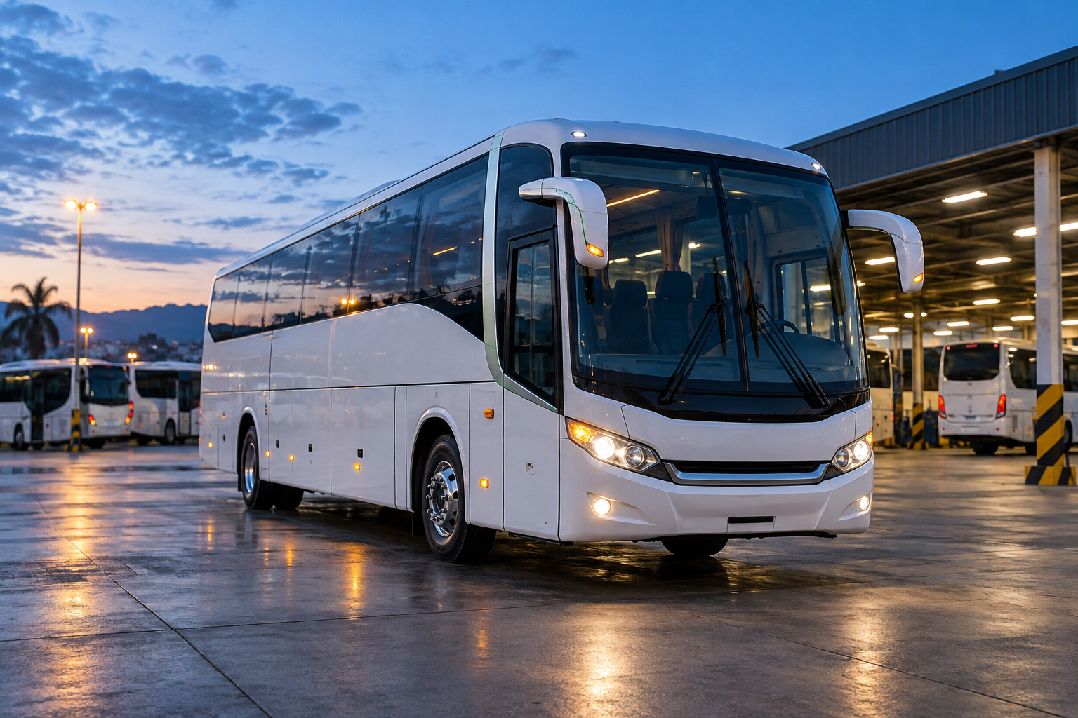 Ônibus de fretamento em uma garagem de frota ao amanhecer